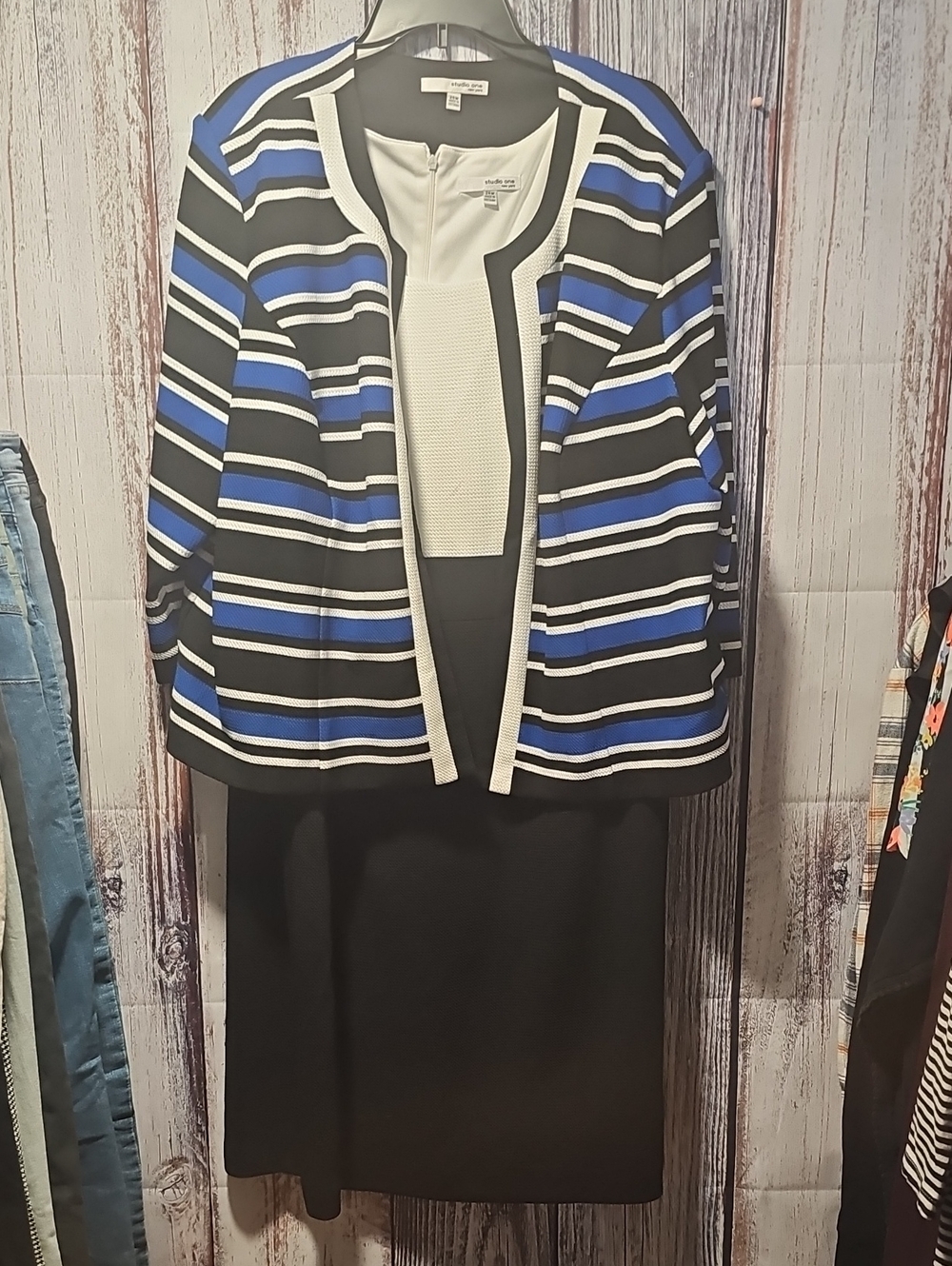 Studio One Black Pencil Skirt with Blue & White Striped Jacket